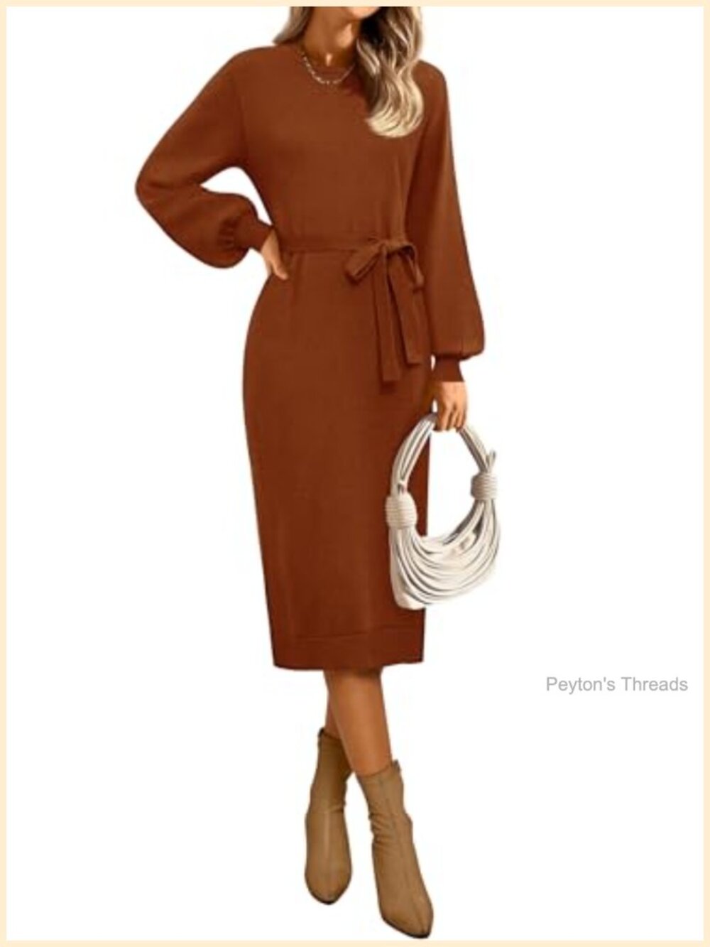 Women's Fall Sweater Dress Long Puff Sleeve Tie Waist Knit Midi Dress with Belt